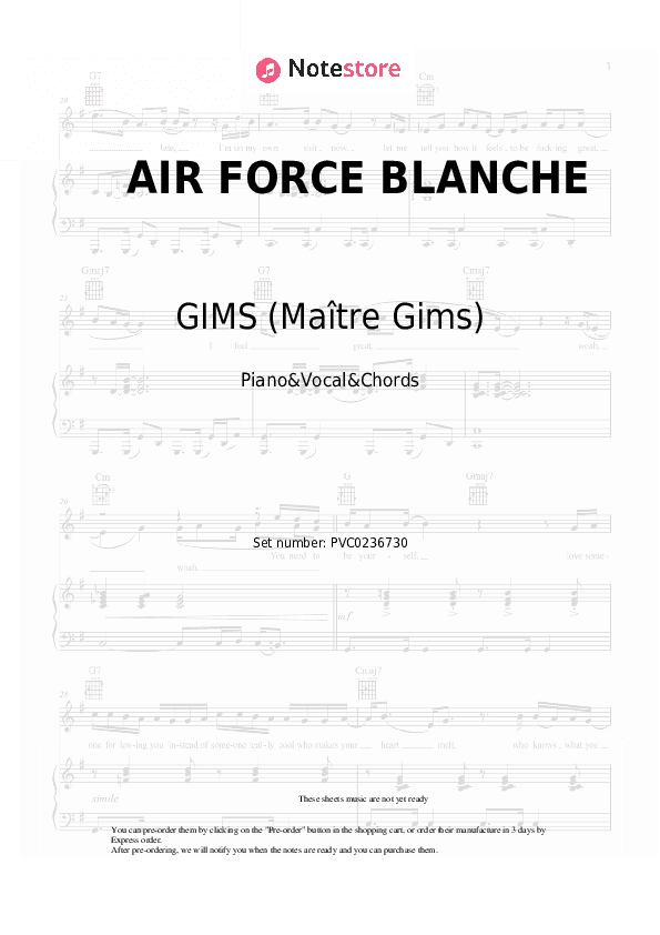 AIR FORCE BLANCHE - GIMS (Maître Gims), JUL Piano Sheet Music with the Vocal and Chords - Piano&Vocal&Chords