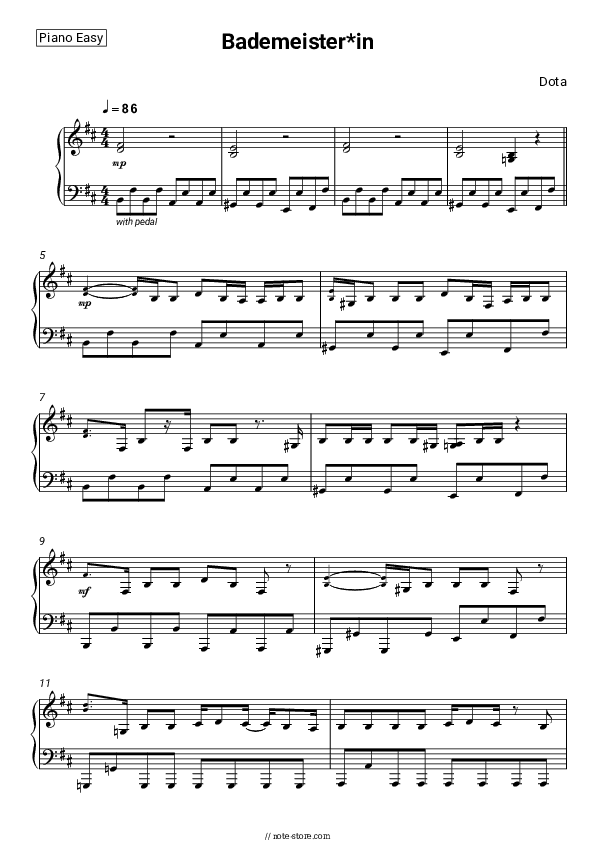 Bademeister*in - Dota Piano Sheet Music Easy - Piano.Easy