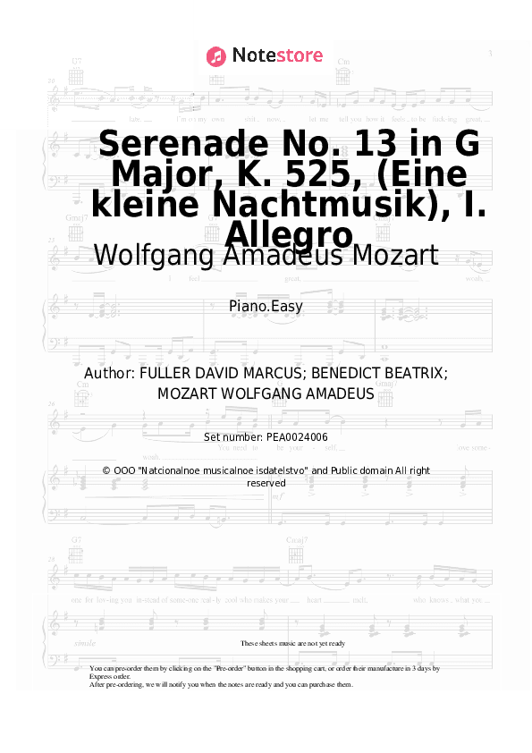 Serenade No. 13 in G Major, K. 525, (Eine kleine Nachtmusik), I. Allegro - Wolfgang Amadeus Mozart Piano Sheet Music Easy - Piano.Easy