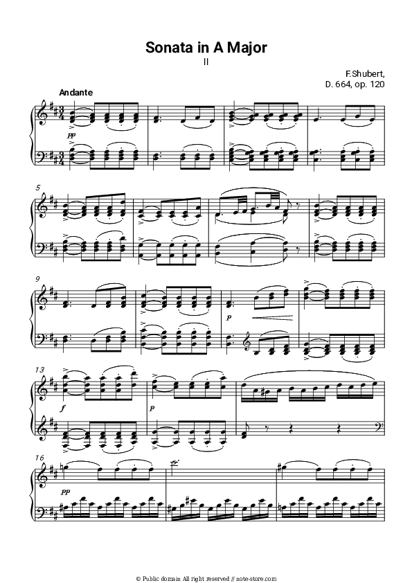 Piano Sonata In A, D 664, II. Andante - Franz Schubert Piano Sheet Music - Piano.Solo