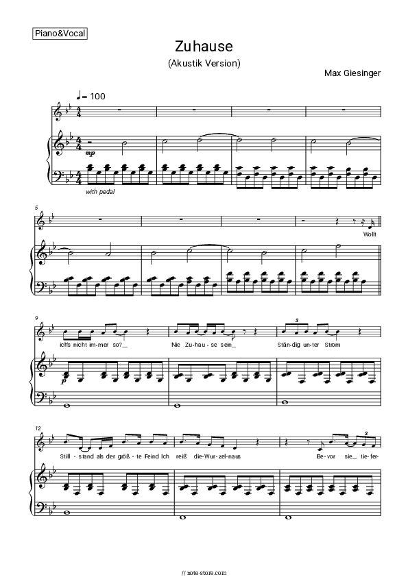 Zuhause (Akustik Version) - Max Giesinger Piano Sheet Music with the Voice part - Piano&Vocal