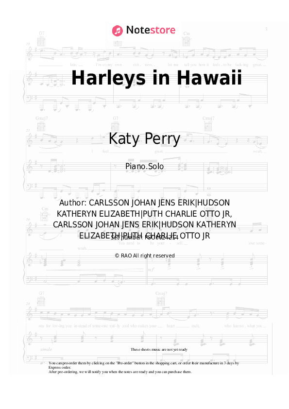 Harleys in Hawaii - Katy Perry Piano Sheet Music - Piano.Solo