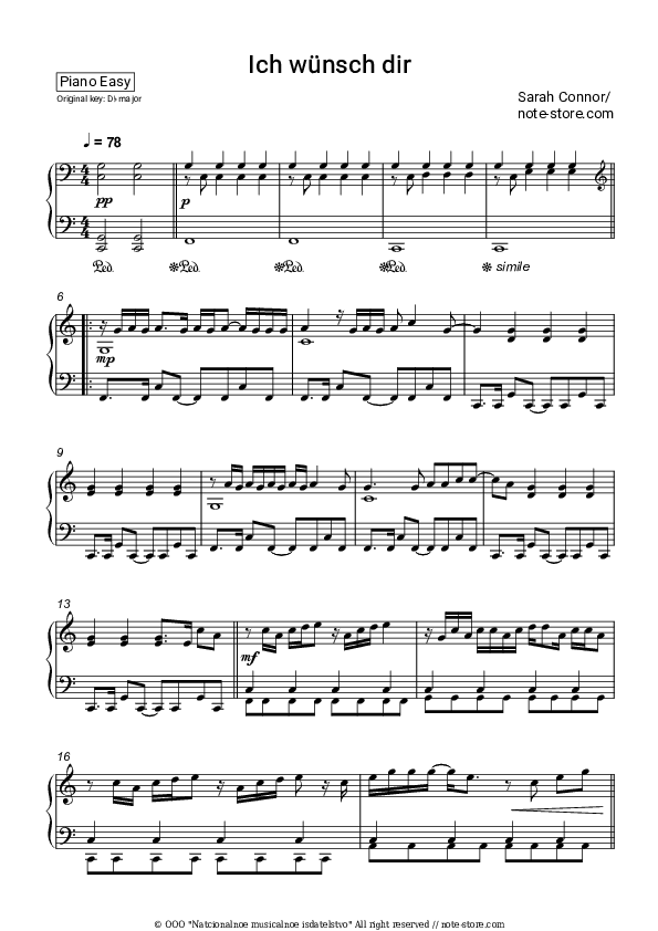 Ich wunsch dir - Sarah Connor Piano Sheet Music Easy - Piano.Easy