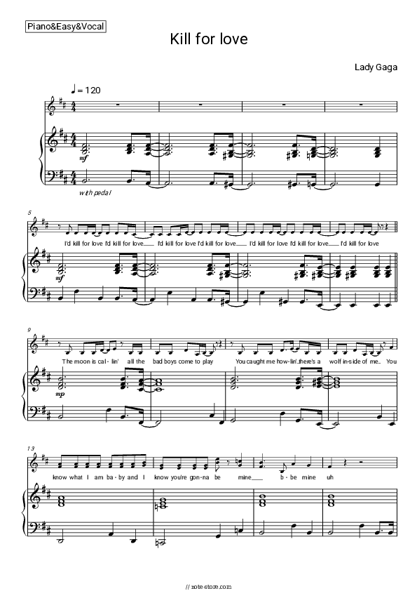 Kill For Love - Lady Gaga Piano Sheet Music Easy and Vocal - Piano&Vocal.Easy