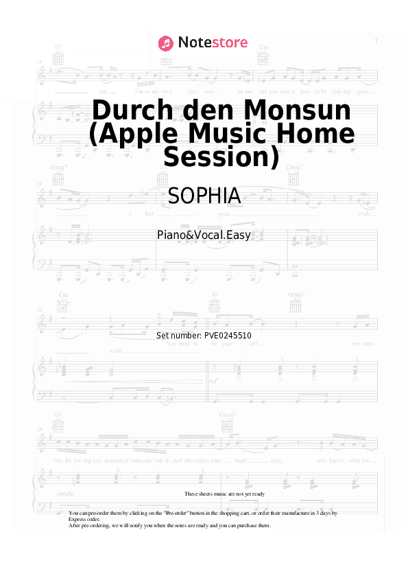 Durch den Monsun (Apple Music Home Session) - SOPHIA Piano Sheet Music Easy and Vocal - Piano&Vocal.Easy