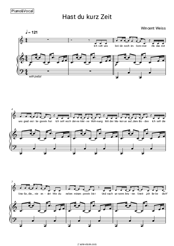 Hast du kurz Zeit - Wincent Weiss Piano Sheet Music with the Voice part - Piano&Vocal