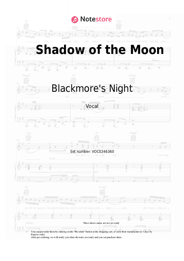 Shadow of the Moon - Blackmore's Night Vocal Sheet Music - Vocal