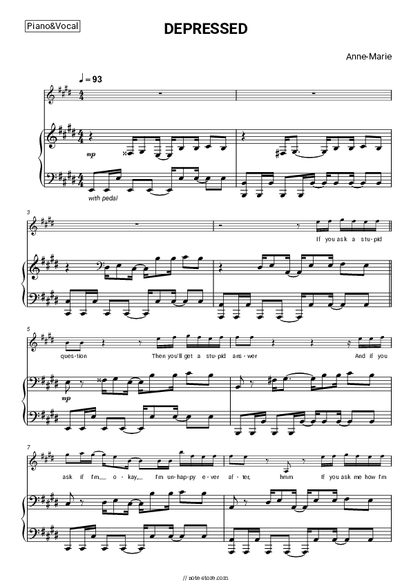 DEPRESSED - Anne-Marie Piano Sheet Music with the Voice part - Piano&Vocal