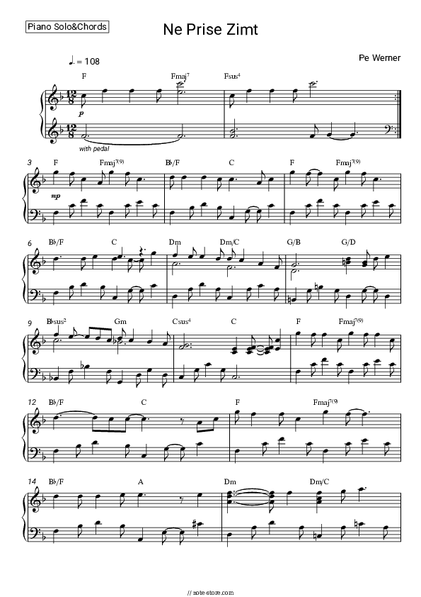 Ne Prise Zimt - Pe Werner Piano Sheet Music and Chords - Piano.Solo&Chords