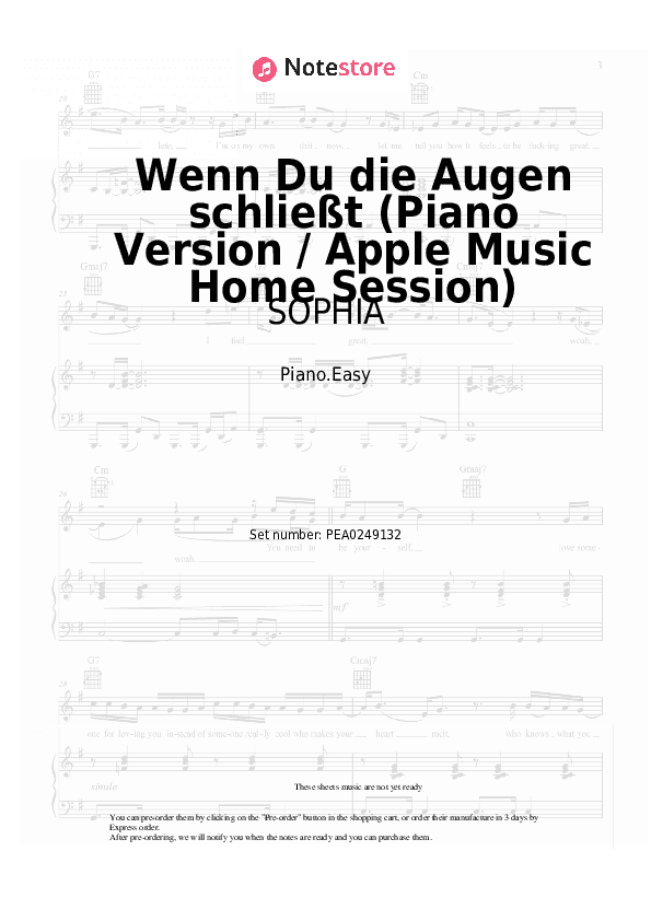 Wenn Du die Augen schließt (Piano Version / Apple Music Home Session) - SOPHIA Piano Sheet Music Easy - Piano.Easy