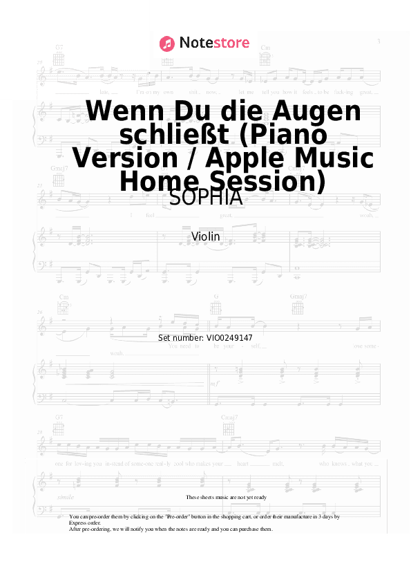 Wenn Du die Augen schließt (Piano Version / Apple Music Home Session) - SOPHIA Violin Sheet Music - Violin