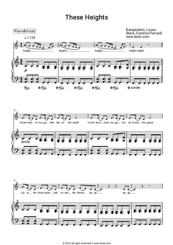 These Heights - Bassjackers, Lucas & Steve, Caroline Pennell Piano Sheet Music with the Voice part - Piano&Vocal