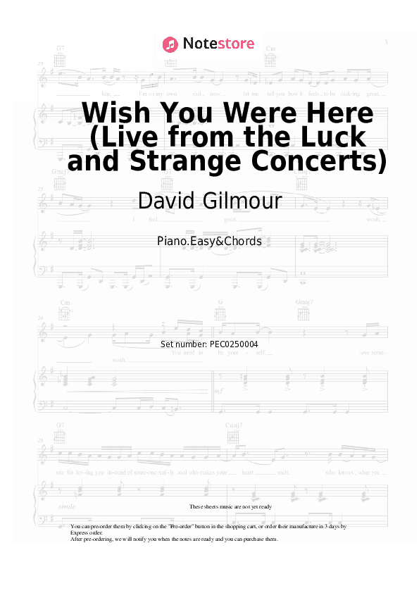 Wish You Were Here (Live from the Luck and Strange Concerts) - David Gilmour Sheet Music Easy and Chords - Piano.Easy&Chords
