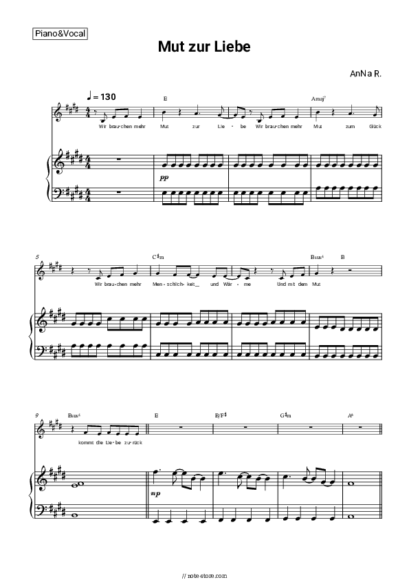 Mut zur Liebe - AnNa R. Piano Sheet Music with the Vocal and Chords - Piano&Vocal&Chords