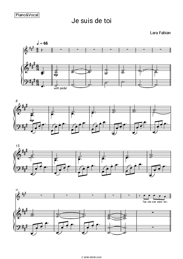 Je suis de toi - Lara Fabian Piano Sheet Music with the Voice part - Piano&Vocal