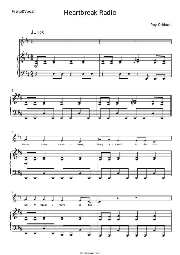 Heartbreak Radio - Roy Orbison Piano Sheet Music with the Voice part - Piano&Vocal