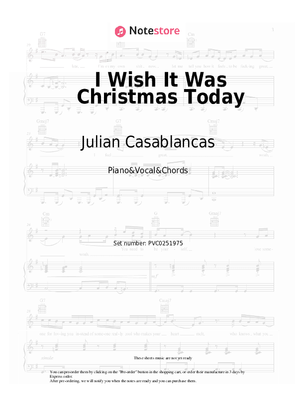 I Wish It Was Christmas Today - Julian Casablancas Piano Sheet Music with the Vocal and Chords - Piano&Vocal&Chords