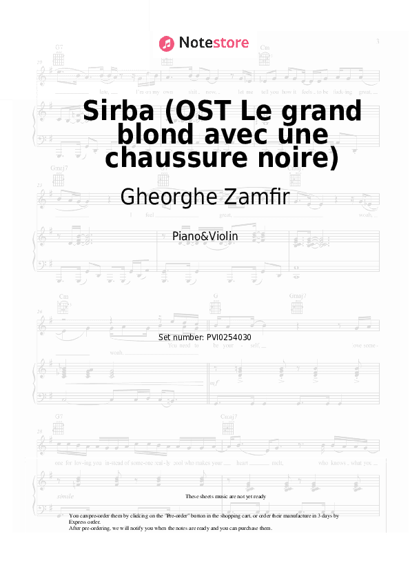 Sirba (OST Le grand blond avec une chaussure noire) - Gheorghe Zamfir Piano Sheet Music and Violin - Piano&Violin