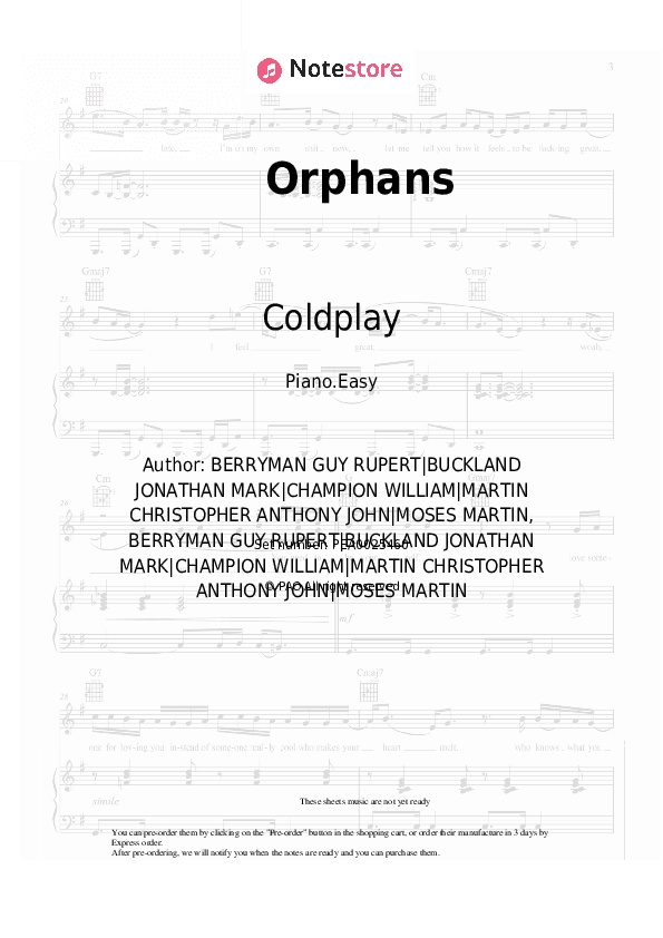Orphans - Coldplay Piano Sheet Music Easy - Piano.Easy