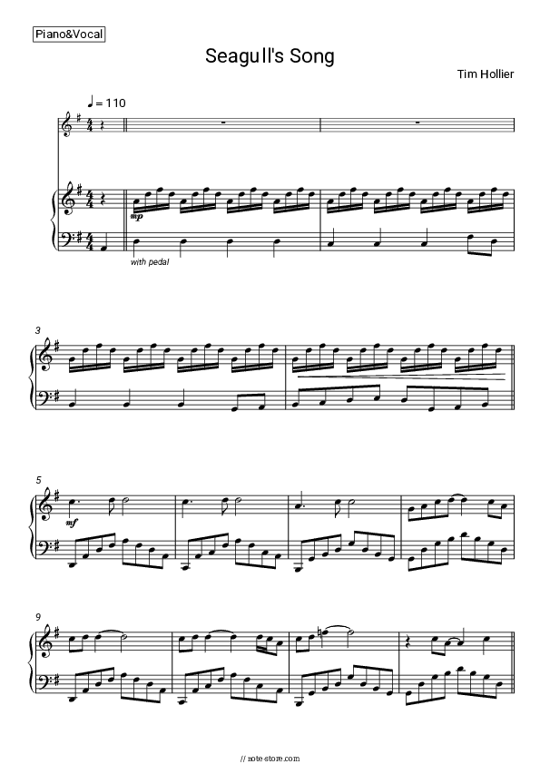 Seagull's Song - Tim Hollier Piano Sheet Music with the Voice part - Piano&Vocal