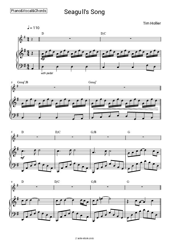 Seagull's Song - Tim Hollier Piano Sheet Music with the Vocal and Chords - Piano&Vocal&Chords