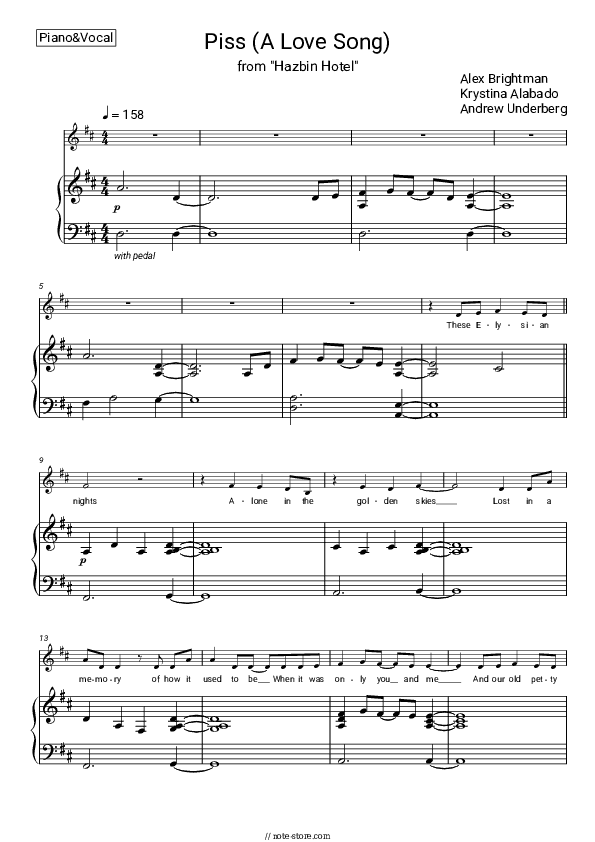 Piss (A Love Song) - Alex Brightman, Krystina Alabado, Blake Roman, Sam Haft, Andrew Underberg Piano Sheet Music with the Voice part - Piano&Vocal