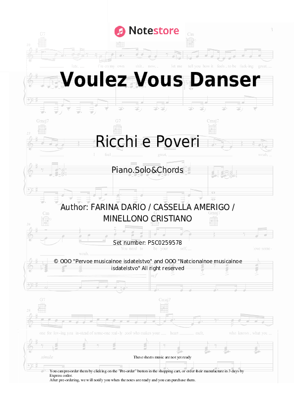 Voulez Vous Danser - Ricchi e Poveri Piano Sheet Music and Chords - Piano.Solo&Chords