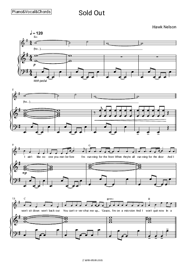 Sold Out - Hawk Nelson Piano Sheet Music with the Vocal and Chords - Piano&Vocal&Chords