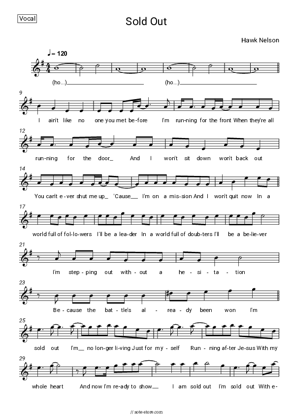 Sold Out - Hawk Nelson Vocal Sheet Music - Vocal