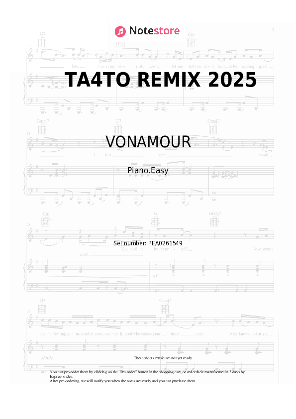 ТА4ТО REMIX 2025 - VONAMOUR Piano Sheet Music Easy - Piano.Easy