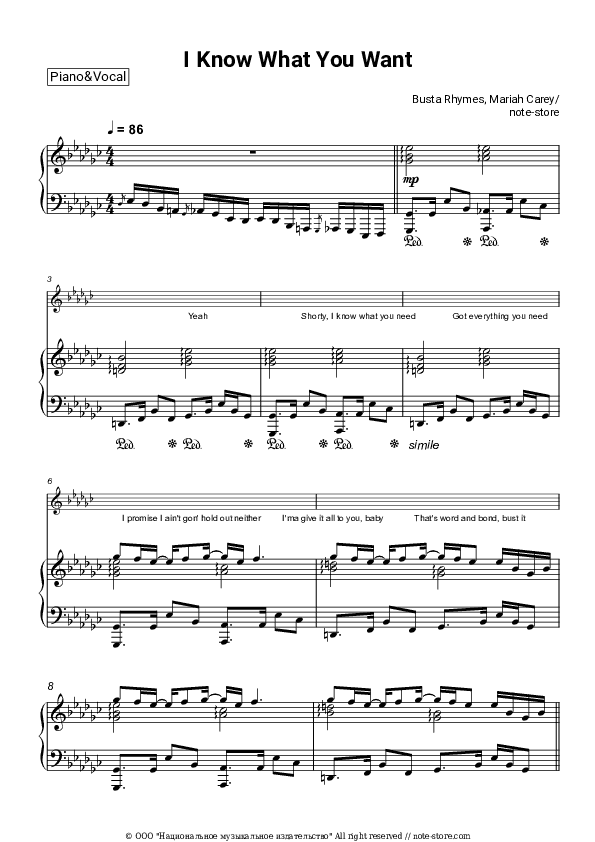 I Know What You Want - Busta Rhymes, Mariah Carey Piano Sheet Music with the Voice part - Piano&Vocal