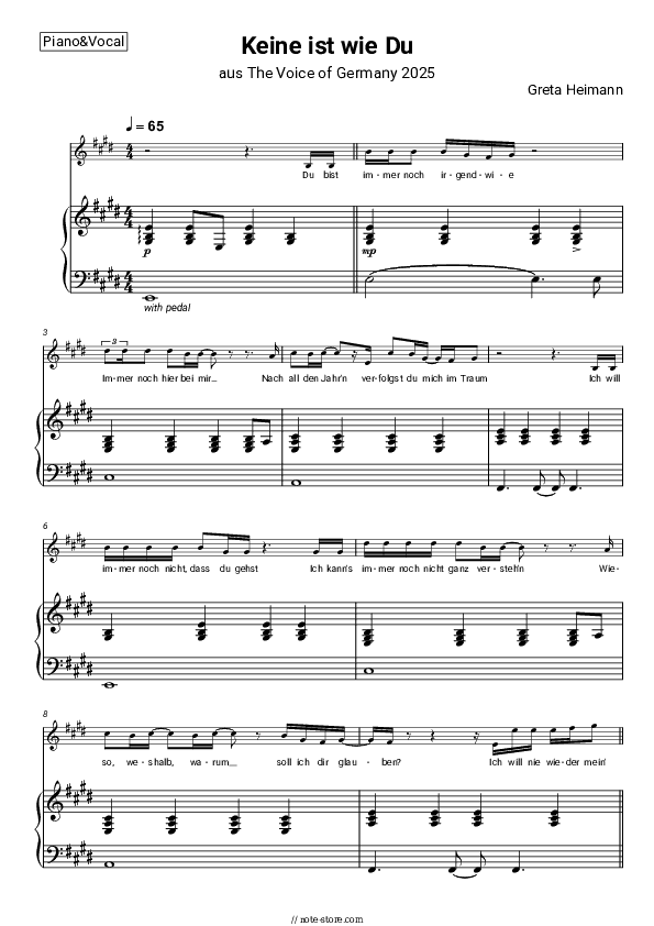 Keine ist wie Du (aus The Voice of Germany 2025) - Greta Heimann Piano Sheet Music with the Voice part - Piano&Vocal