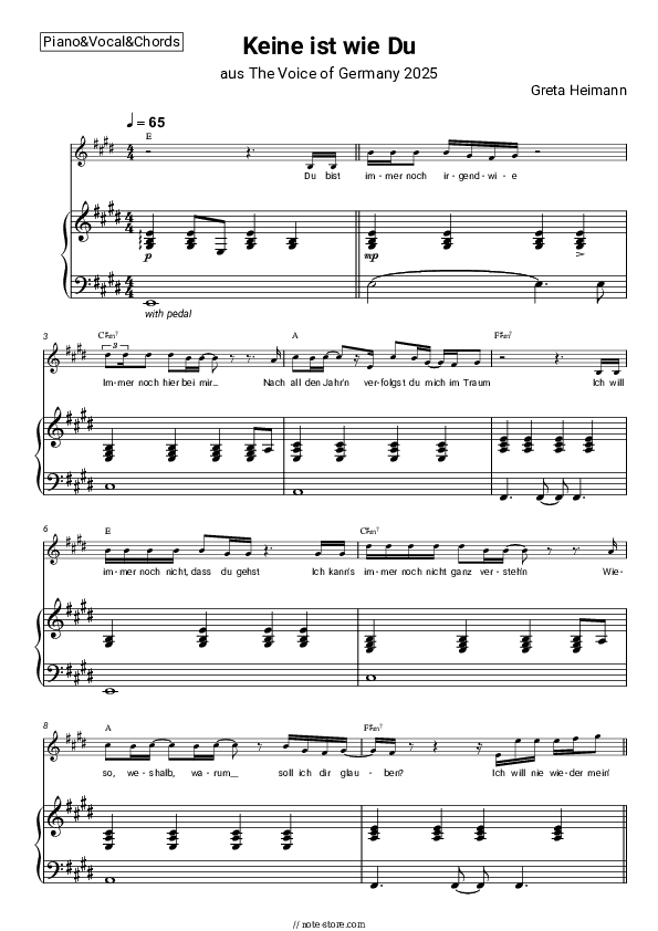 Keine ist wie Du (aus The Voice of Germany 2025) - Greta Heimann Piano Sheet Music with the Vocal and Chords - Piano&Vocal&Chords