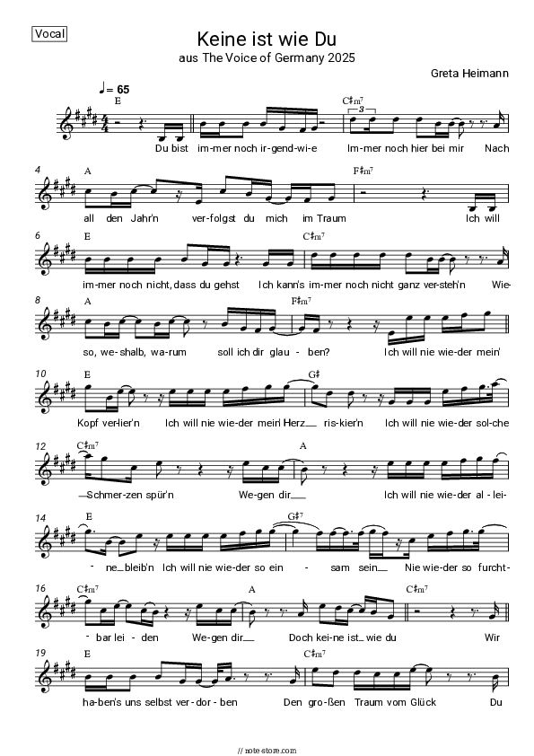 Keine ist wie Du (aus The Voice of Germany 2025) - Greta Heimann Vocal Sheet Music - Vocal