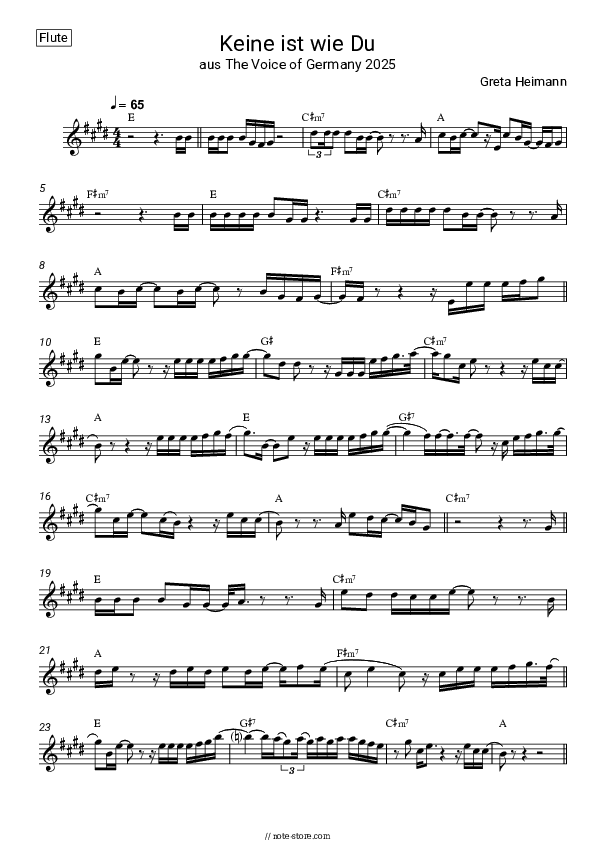 Keine ist wie Du (aus The Voice of Germany 2025) - Greta Heimann Flute Sheet Music - Flute