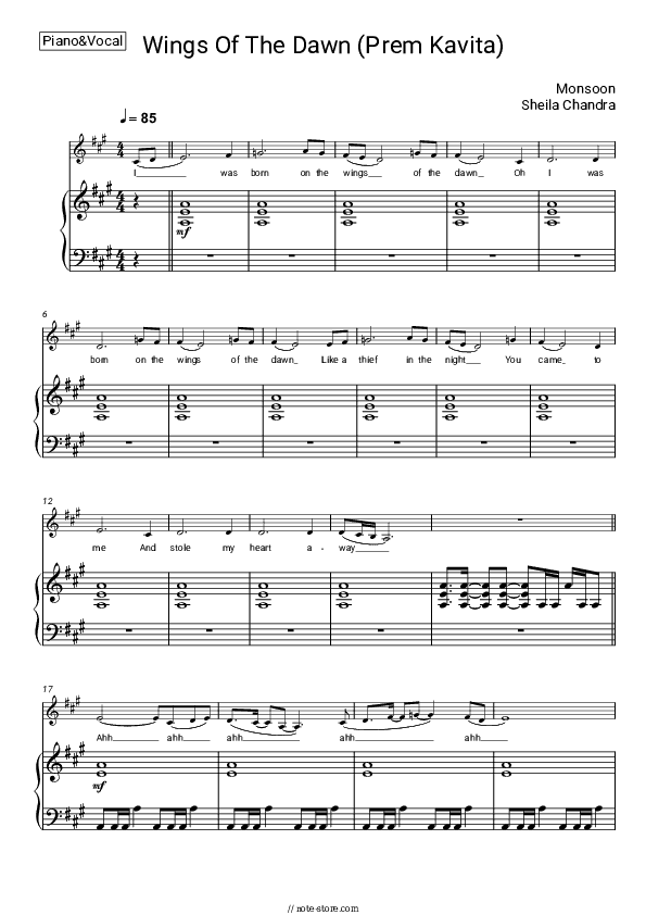 Wings of Dawn (Prem Kavita) - Monsoon, Sheila Chandra Piano Sheet Music with the Voice part - Piano&Vocal