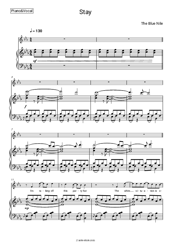 Stay - The Blue Nile Piano Sheet Music with the Voice part - Piano&Vocal