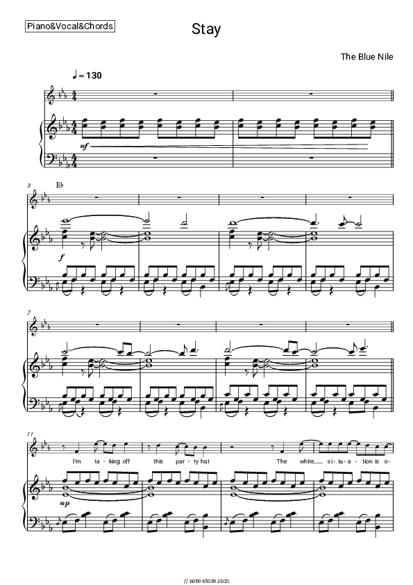 Stay - The Blue Nile Piano Sheet Music with the Vocal and Chords - Piano&Vocal&Chords