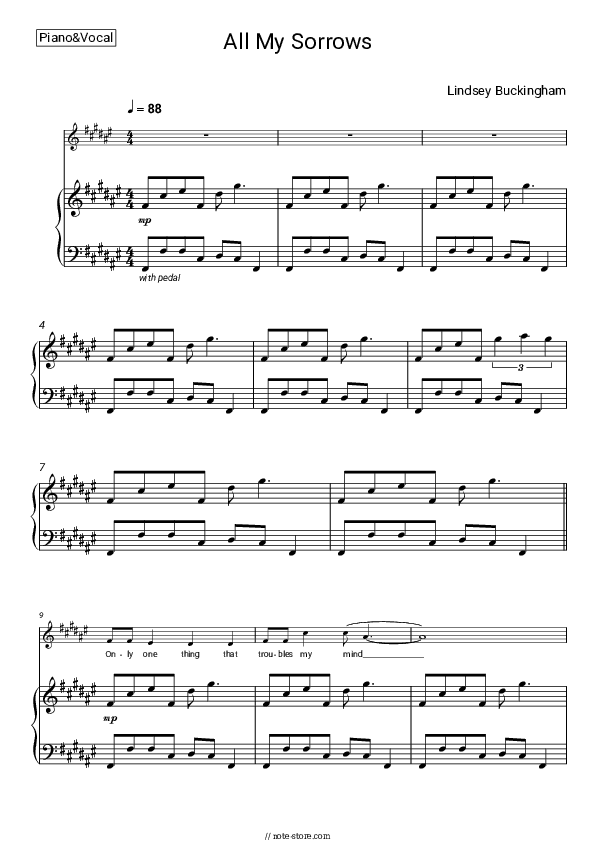 All My Sorrows - Lindsey Buckingham Piano Sheet Music with the Voice part - Piano&Vocal