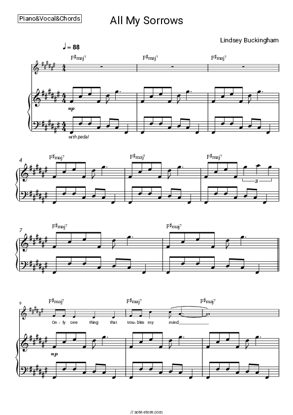 All My Sorrows - Lindsey Buckingham Piano Sheet Music with the Vocal and Chords - Piano&Vocal&Chords