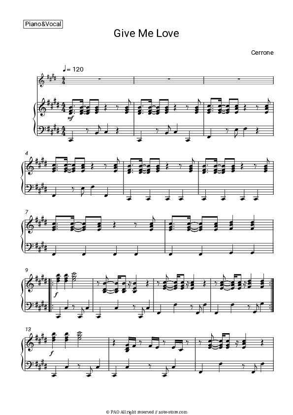 Give Me Love - Cerrone Piano Sheet Music with the Voice part - Piano&Vocal