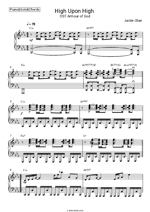 High Upon High (OST Armour of God) - Jackie Chan Piano Sheet Music and Chords - Piano.Solo&Chords