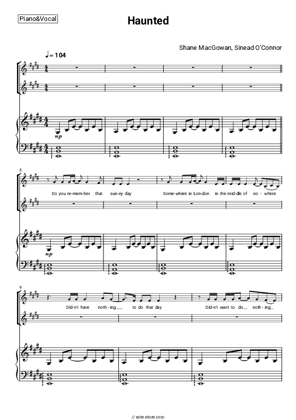 Haunted - Shane MacGowan, Sinead O'Connor Piano Sheet Music with the Voice part - Piano&Vocal