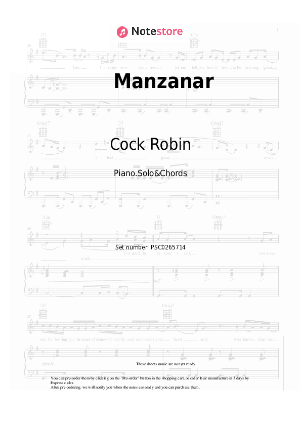 Manzanar - Cock Robin Piano Sheet Music and Chords - Piano.Solo&Chords