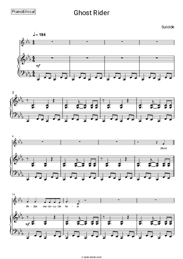 Ghost Rider - Suicide Piano Sheet Music with the Voice part - Piano&Vocal