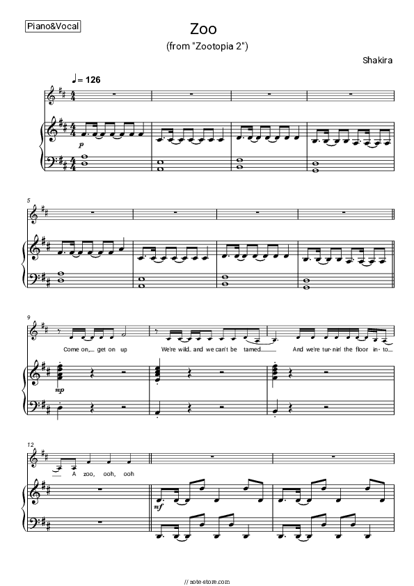 Zoo (From 'Zootopia 2') - Shakira Piano Sheet Music with the Voice part - Piano&Vocal