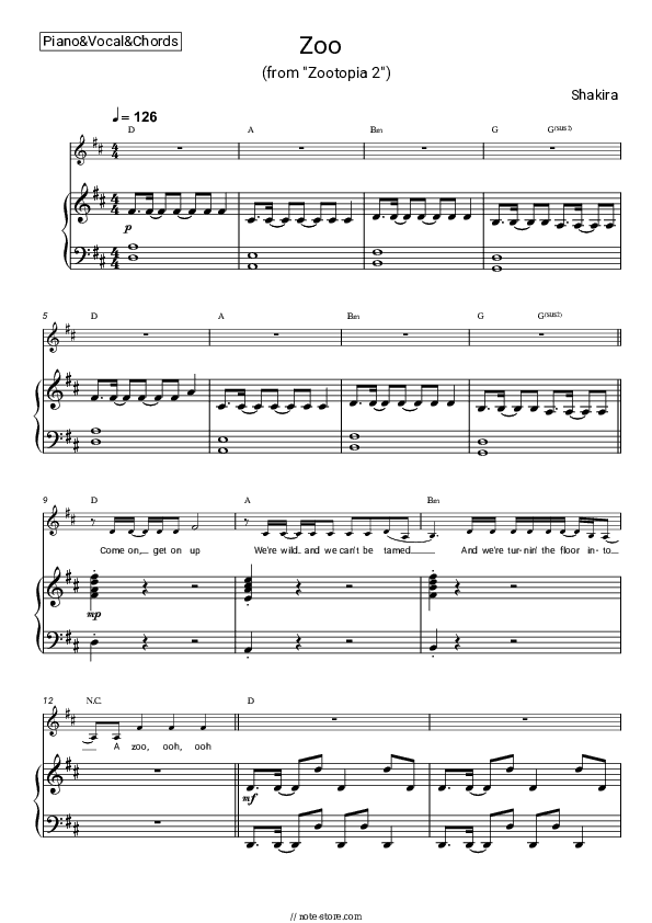 Zoo (From 'Zootopia 2') - Shakira Piano Sheet Music with the Vocal and Chords - Piano&Vocal&Chords