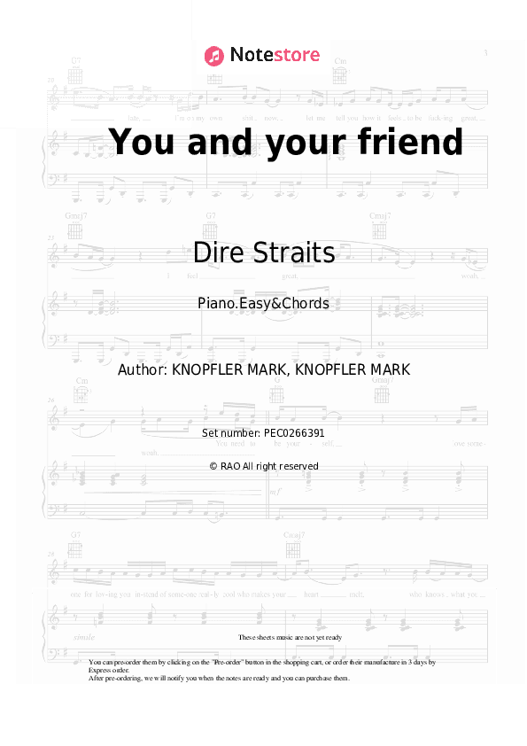 You and your friend - Dire Straits Sheet Music Easy and Chords - Piano.Easy&Chords