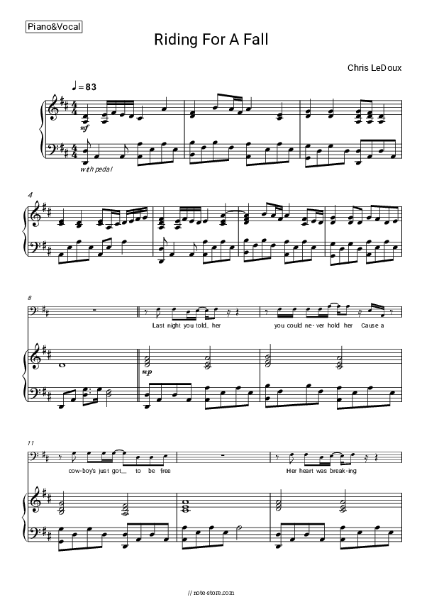 Riding for a Fall - Chris LeDoux Piano Sheet Music with the Voice part - Piano&Vocal