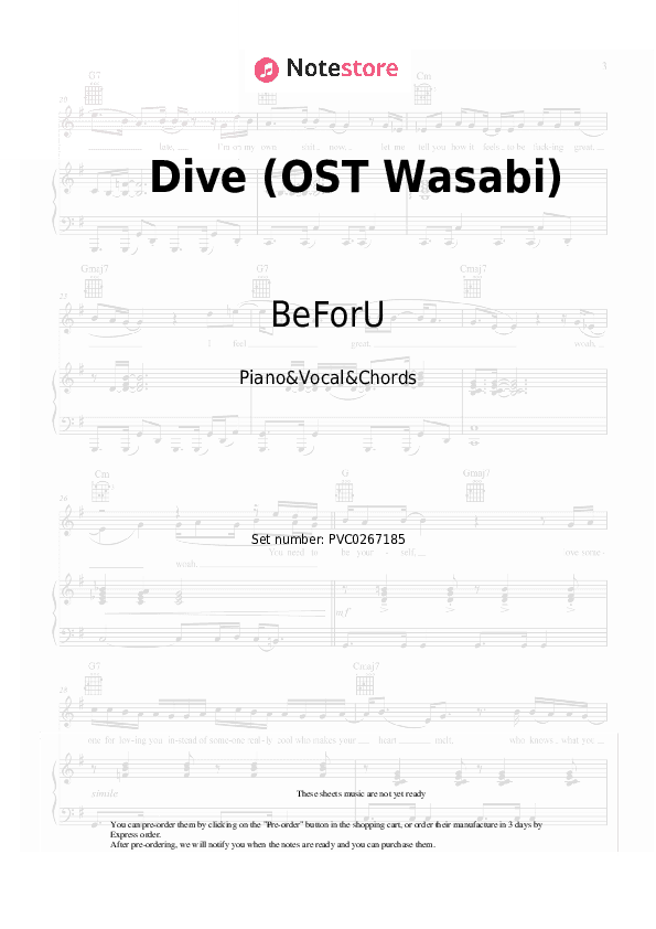 Dive (OST Wasabi) - BeForU Piano Sheet Music with the Vocal and Chords - Piano&Vocal&Chords